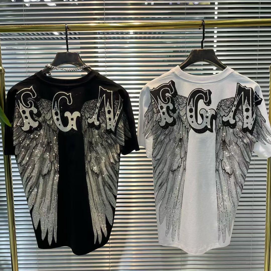 Casual Crew-Neck Short-Sleeve T-Shirt with Rhinestone Wing Design