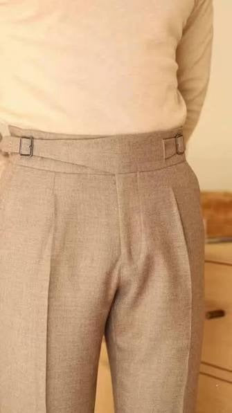 Men's Beige Herringbone Wool Tweed Tailored Fit Gurkha Pants – High-Waisted Pleated Trousers