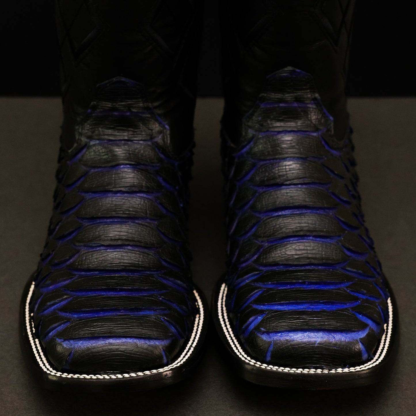 Black & Indigo Jumbo Python Leather Boots - Square Toe