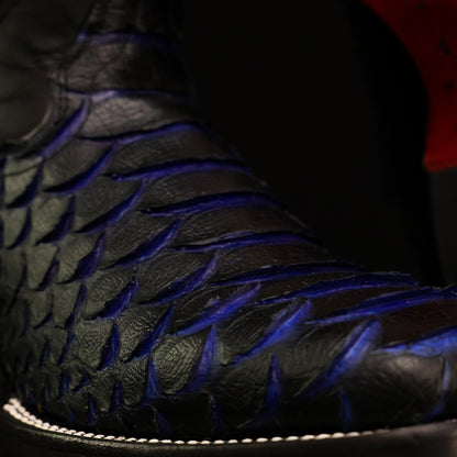 Black & Indigo Jumbo Python Leather Boots - Square Toe