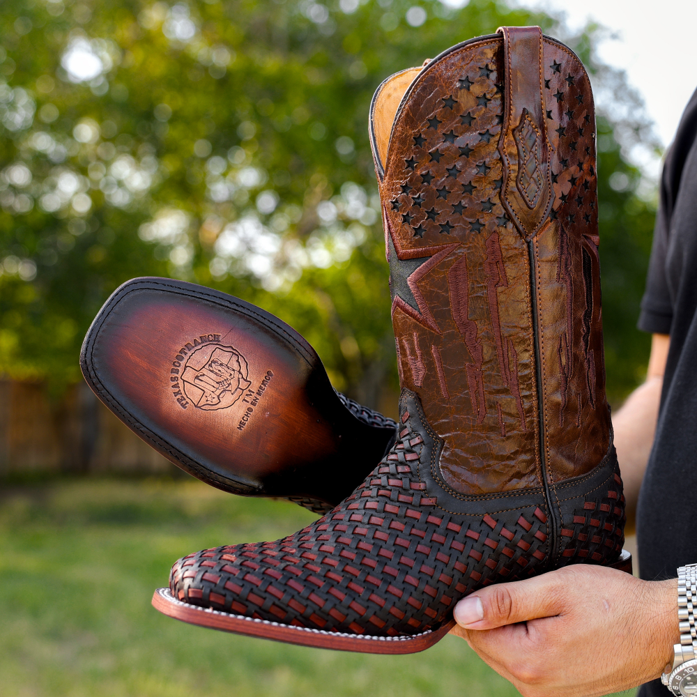 Brown Basketweave Leather Boots - Square Toe