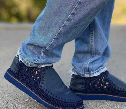 Men's Handmade Black Leather Breathable Casual Shoes