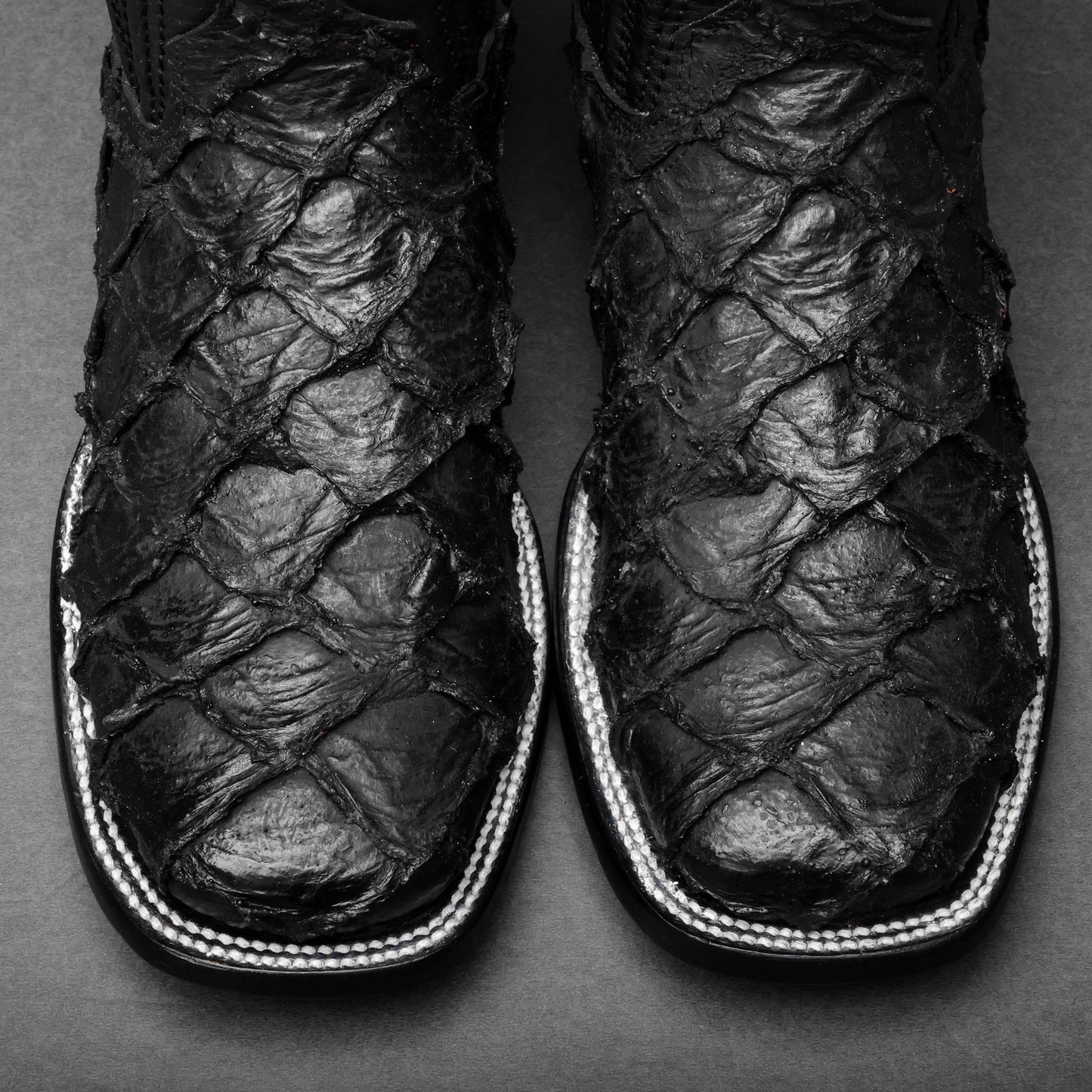Matte Black Jumbo Pirarucu Leather Boots - Square Toe