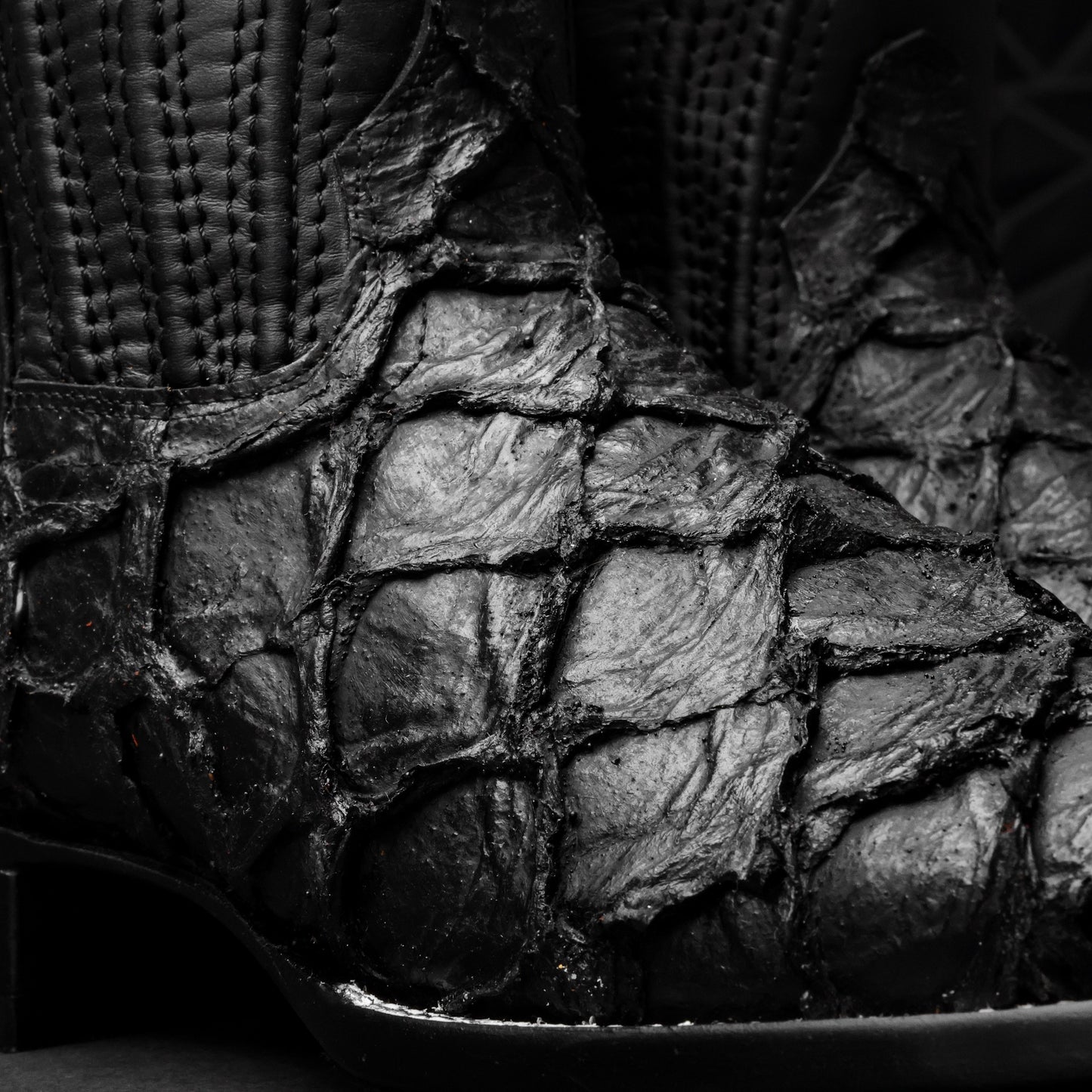 Matte Black Jumbo Pirarucu Leather Boots - Square Toe