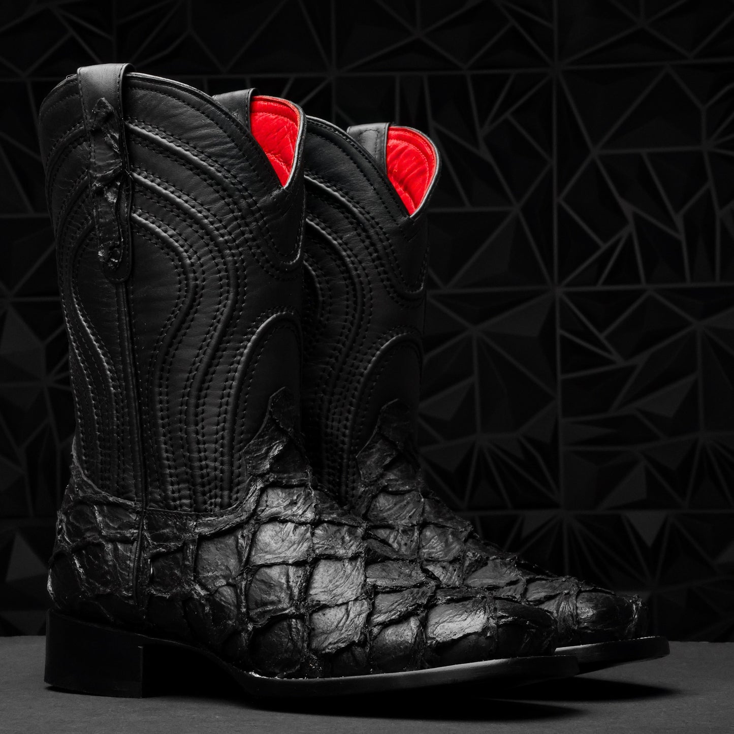 Matte Black Jumbo Pirarucu Leather Boots - Square Toe