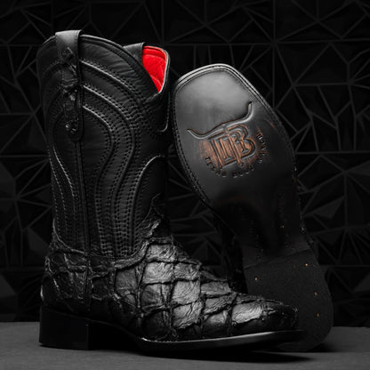Matte Black Jumbo Pirarucu Leather Boots - Square Toe