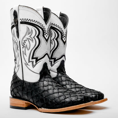 Black Mini Pirarucu Leather Boots - Square Toe