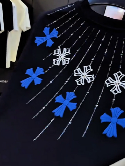 Men's Radiant Cross Rhinestone Embroidery T-Shirt