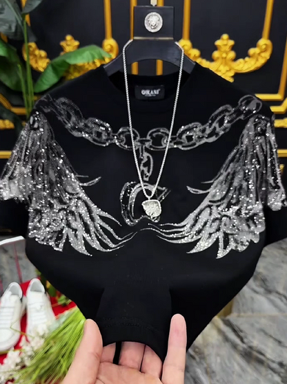 Men's Rhinestone Wings Chain Graphic Crew Neck T-Shirt