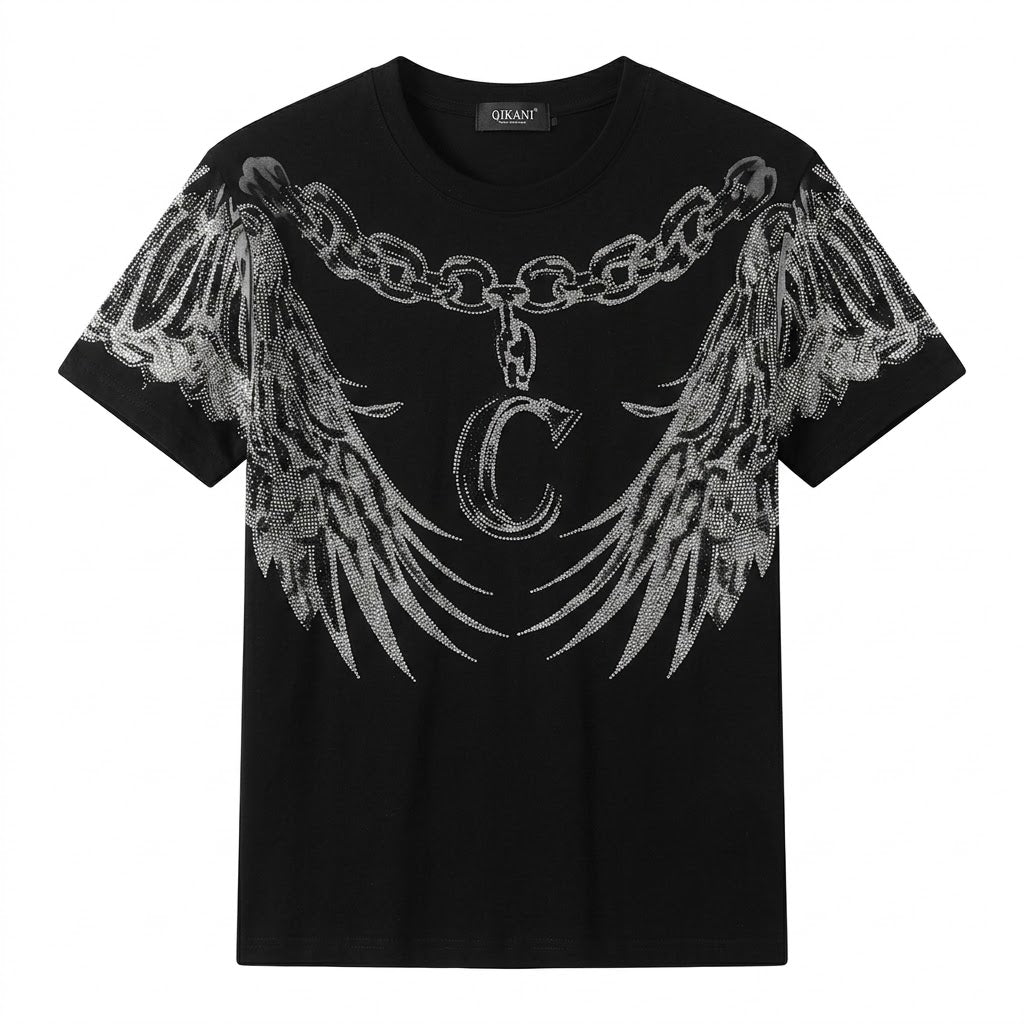 Men's Rhinestone Wings Chain Graphic Crew Neck T-Shirt