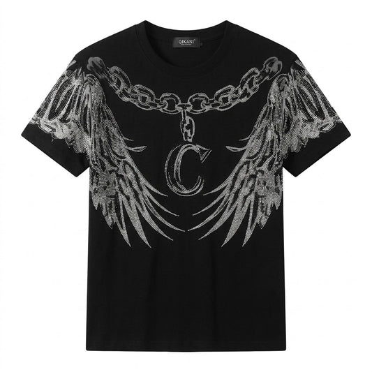 Men's Rhinestone Wings Chain Graphic Crew Neck T-Shirt