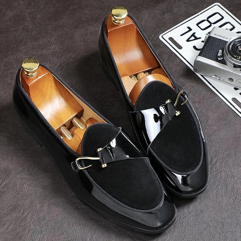 Fashion Man Casual Shoes Patent Leather Monk Loafers Slip-on Flats Footwear