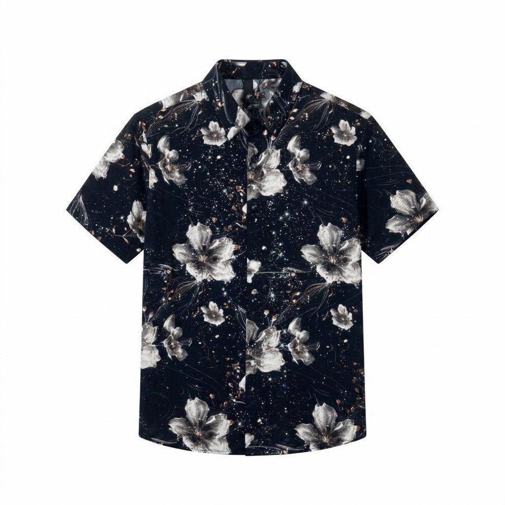 Black Full Print Lotus Short Sleeve T-Shirt