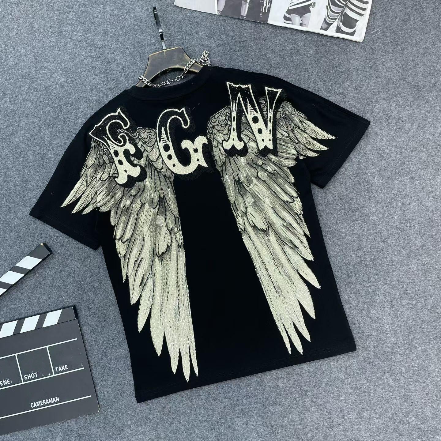 Casual Crew-Neck Short-Sleeve T-Shirt with Rhinestone Wing Design