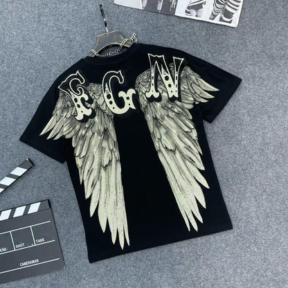 Casual Crew-Neck Short-Sleeve T-Shirt with Rhinestone Wing Design