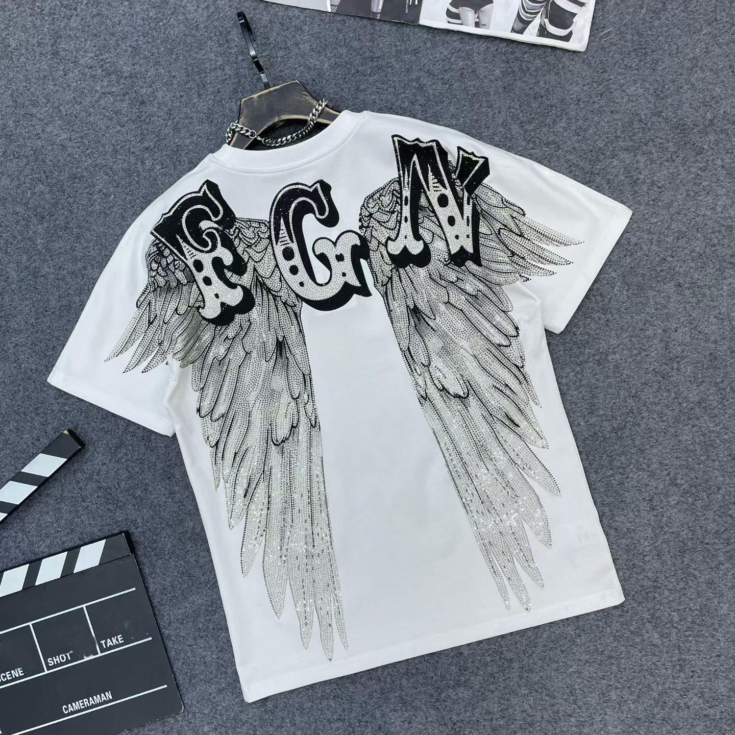 Casual Crew-Neck Short-Sleeve T-Shirt with Rhinestone Wing Design