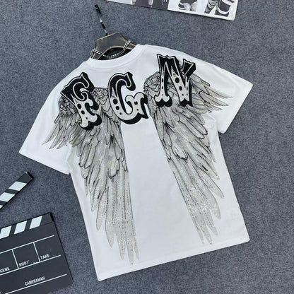 Casual Crew-Neck Short-Sleeve T-Shirt with Rhinestone Wing Design