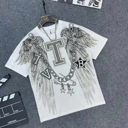 Casual Crew-Neck Short-Sleeve T-Shirt with Rhinestone Wing Design