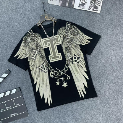 Casual Crew-Neck Short-Sleeve T-Shirt with Rhinestone Wing Design