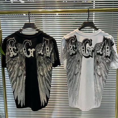 Casual Crew-Neck Short-Sleeve T-Shirt with Rhinestone Wing Design