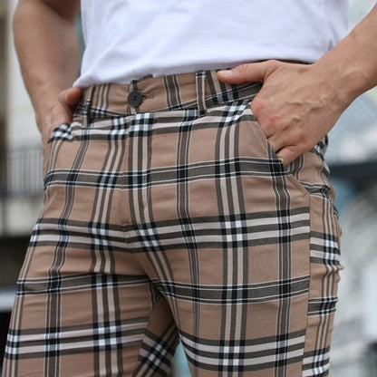 Men's Checkered Slim-Fit Stretch Trousers