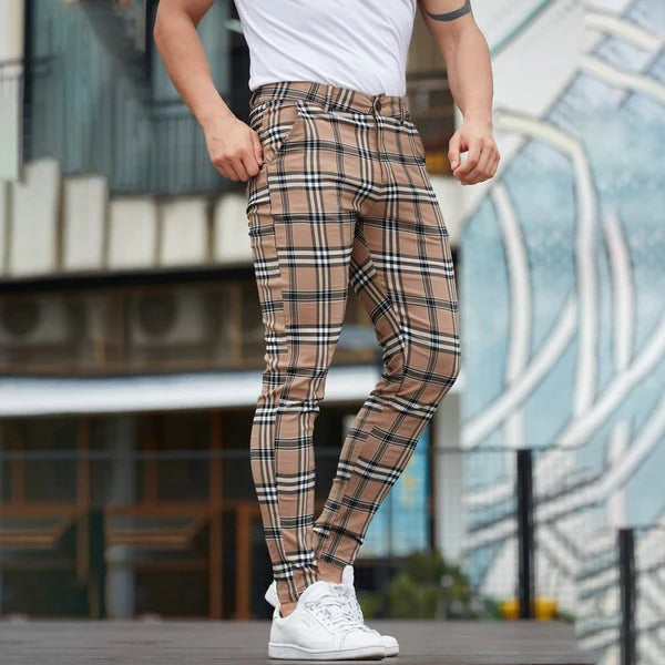 Men's Checkered Slim-Fit Stretch Trousers