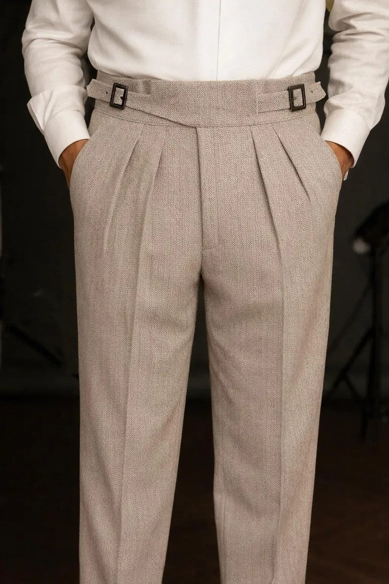 Men's Beige Herringbone Wool Tweed Tailored Fit Gurkha Pants – High-Waisted Pleated Trousers