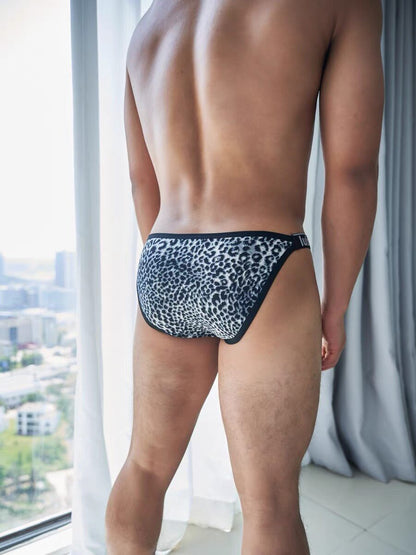 Men's Sexy Low-Rise Leopard Print Ice Silk Briefs with U-Pouch and Seamless Design