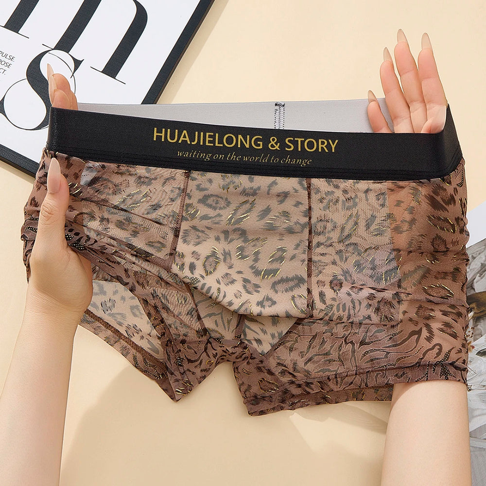 Gold-painted leopard print transparent breathable boxer briefs
