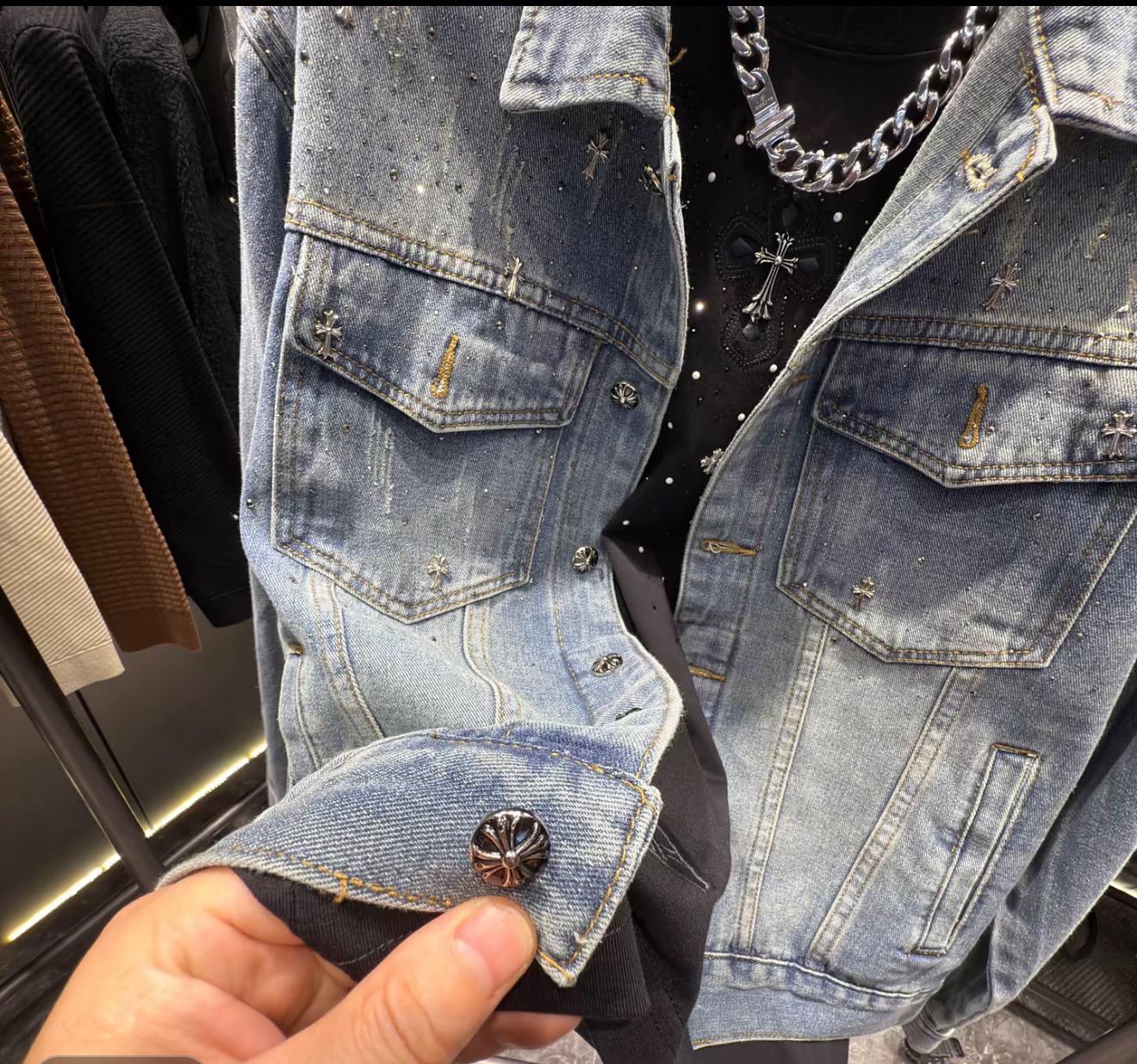 Midasgaze Crystal-Embellished Cross Denim Jacket