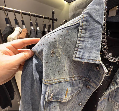 Midasgaze Crystal-Embellished Cross Denim Jacket