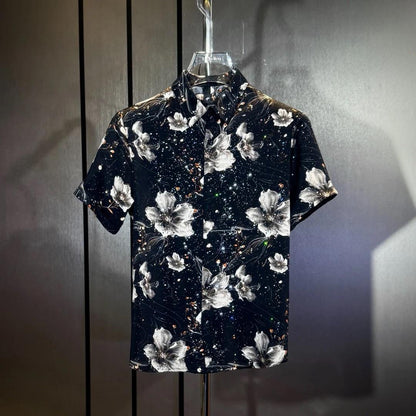 Black Full Print Lotus Short Sleeve T-Shirt