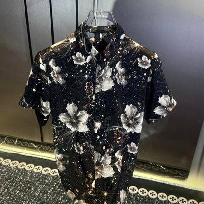 Black Full Print Lotus Short Sleeve T-Shirt