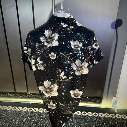 Black Full Print Lotus Short Sleeve T-Shirt