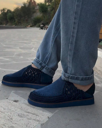 Men's Handmade Black Leather Breathable Casual Shoes